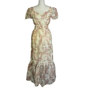 Solitaire Floral Maxi Dress Embroidered Eyelet Lace Trim Pastel Size S Cottage